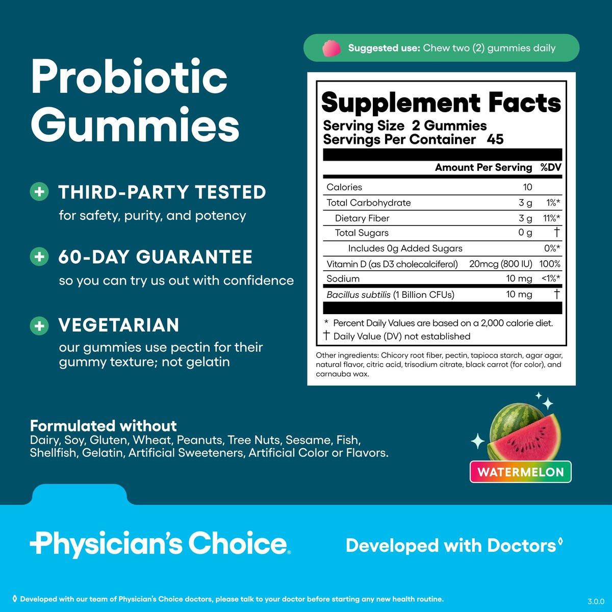Physician's CHOICE Probiotic Gummies with Vitamin D & Prebiotic Fiber - Sugar Free - 1B CFUs of Clinically Studied Probiotic - Supports Immune & Gut Health for Women & Men - Watermelon Flavor - 90CT - görsel 14