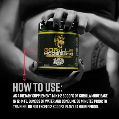 Gorilla Mode Base Pre Workout - Raises Nitric Oxide · Intense Focus & Drive · Endurance · Power - L-Citrulline, L-Tyrosine, Betaine, Alpha-GPC, Caffeine, Huperzine A - 234g (Mouthwatering Watermelon)