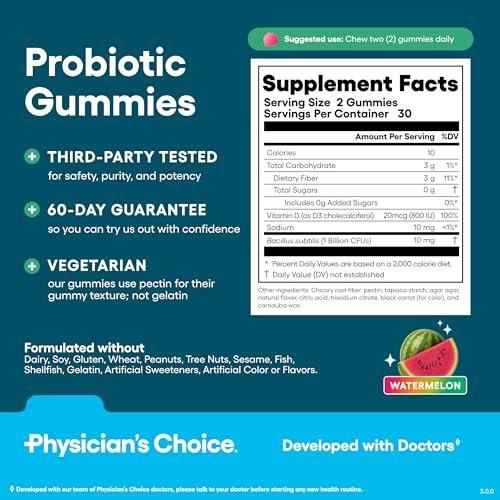 Physician's CHOICE Probiotic Gummies with Vitamin D & Prebiotic Fiber - Sugar Free - 1B CFUs of Clinically Studied Probiotic - Supports Immune & Gut Health for Women & Men - Watermelon Flavor - 60CT - görsel 2