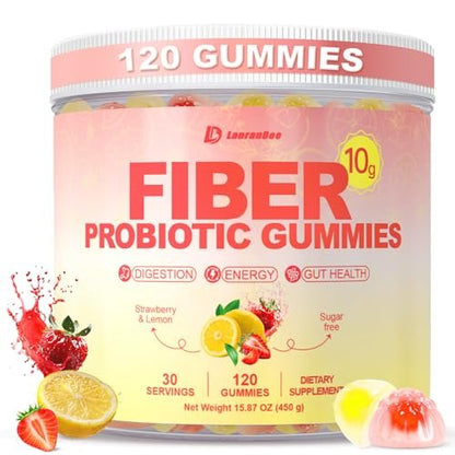 10g Fiber Gummies for Adults with Probiotics, Sugar Free Fiber Supplement with Organic Super Greens & Digestive Enzymes, Supports Gut Health, Energy & Regularity, Vegan, 120 Count