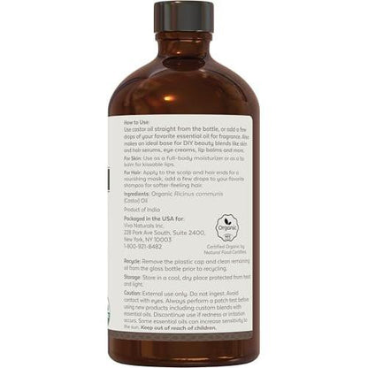 Viva Naturals Organic Castor Oil, Cold-Pressed, 16 fl oz – For Face, Hair, Eyelashes, USDA Organic, Non-GMO - Glass Bottle