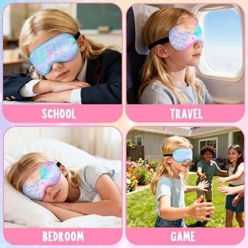 OlyPegic 2 Pcs Kids Sleep Mask Girls Silk Eye Mask Sleeping with Adjustable Strap Soft Lightweight Kids Eye Cover Mask Blindfold Shade Light Blocking Travel and Home Use Girls Teens Rainbow Unicorn - görsel 9