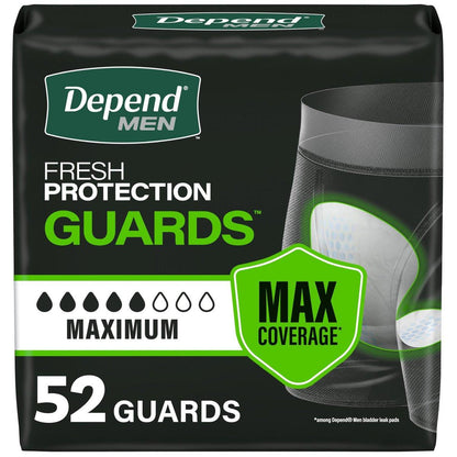 Depend Guards Incontinence Pads for Men, Maximum Absorbency, 52 Count, Packaging May Vary
