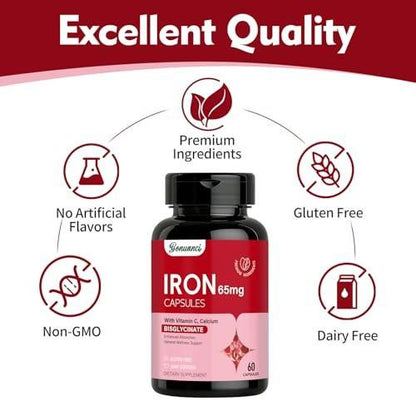 Iron Supplement - Iron 65mg High Absorption Iron Bisglycinate with Vitamin C, Calcium, Gentle Iron Pills for Women Men - Non GMO & Gluten Free, Stomach Friendly, 60 Capsules