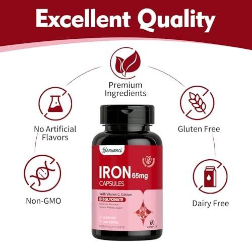 Iron Supplement - Iron 65mg High Absorption Iron Bisglycinate with Vitamin C, Calcium, Gentle Iron Pills for Women Men - Non GMO & Gluten Free, Stomach Friendly, 60 Capsules - görsel 12