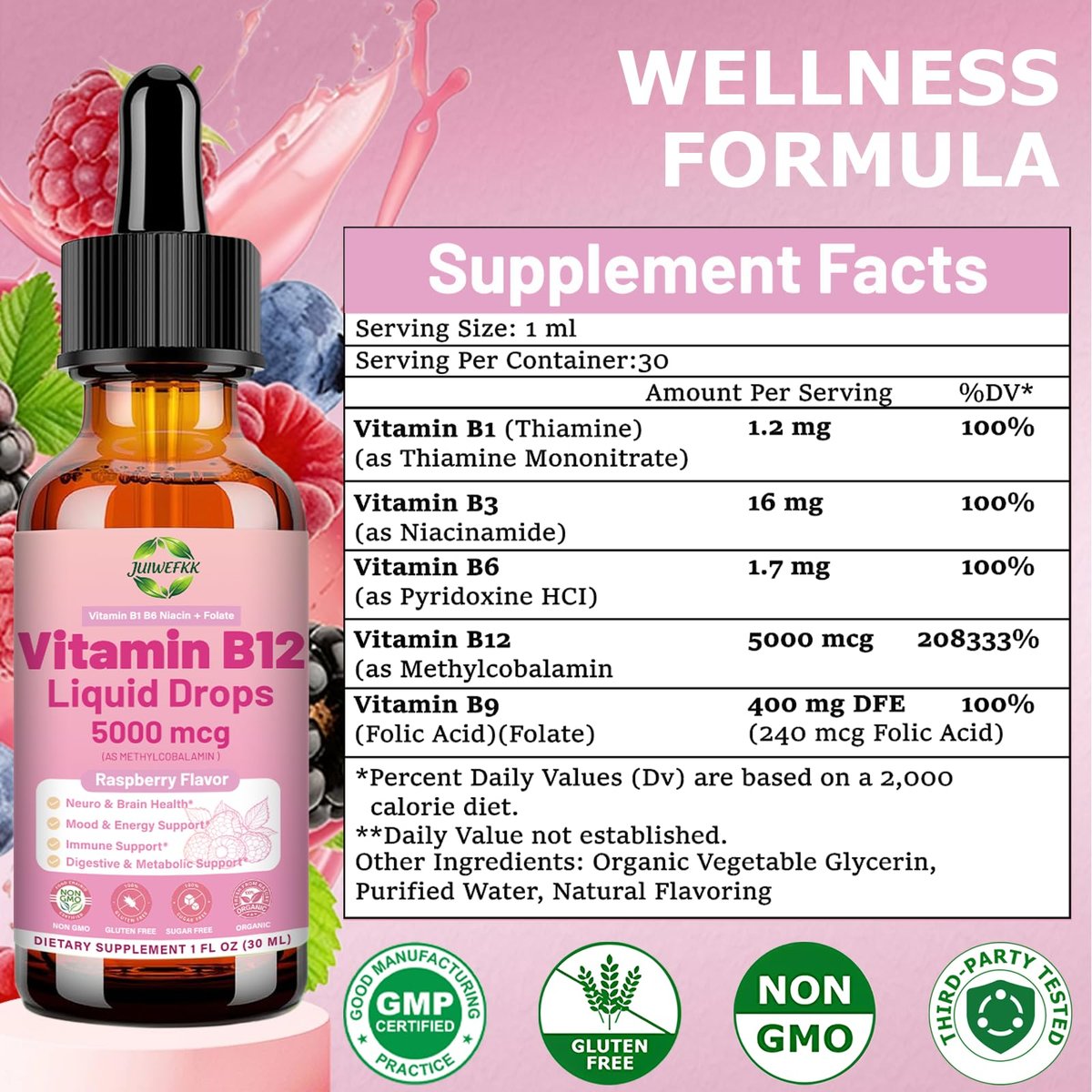 Liquid Vitamin B12 Drops 5000 mcg - Extra Strength B12 Methylcobalamin with B1 B6 B3 Folate Niacin - Fast Absorption Sublingual B-12 Drops for Energy Metabolism & Brain Function, Vegan B Complex - görsel 15