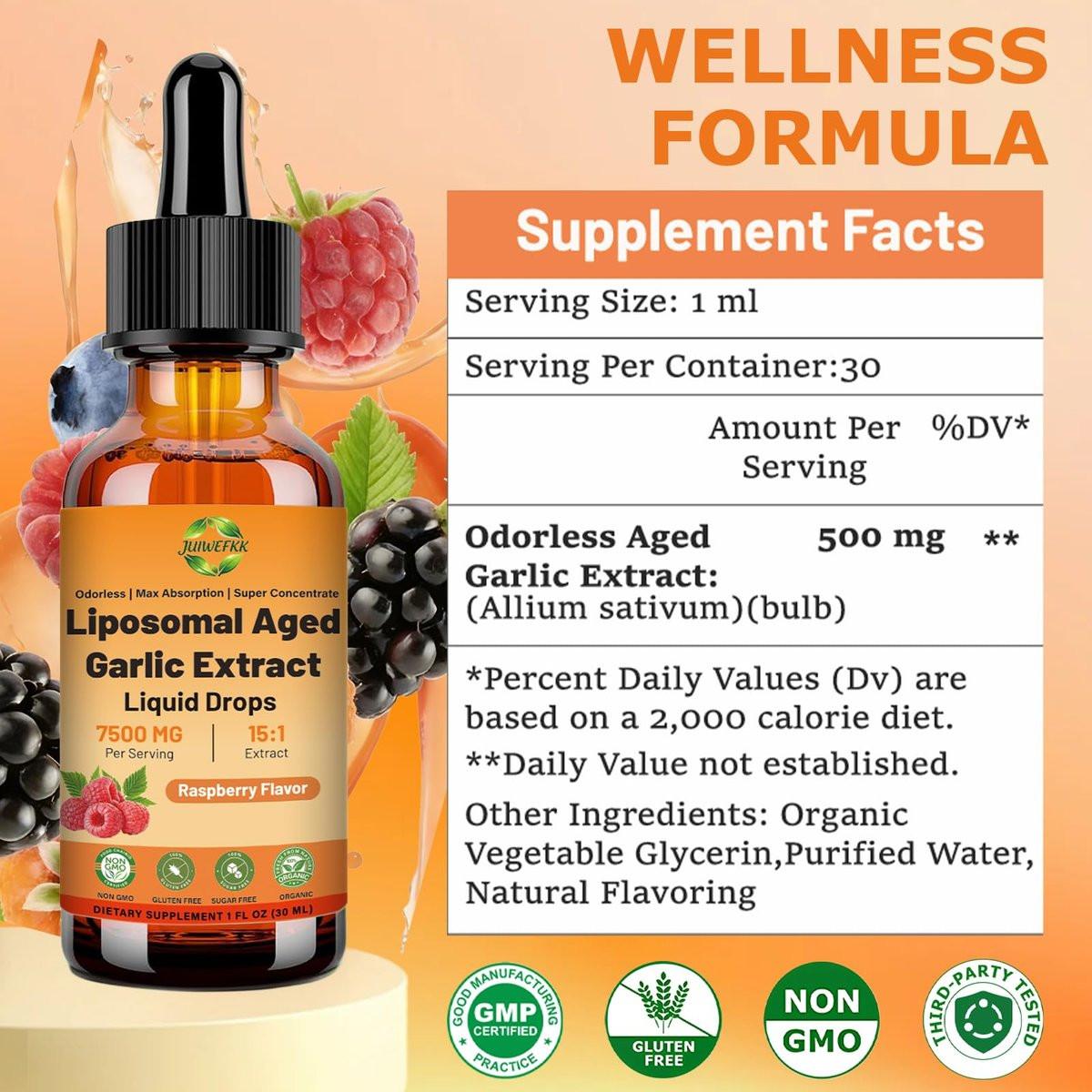 JUIWEFKK Aged Garlic Extract Liquid Drop – 500 mg per Serving, 15:1 Extract, Odorless, Liposomal Technology for Fast Absorption – Heart & Immune Support Supplement for Men & Women, Raspberry Flavor - görsel 3