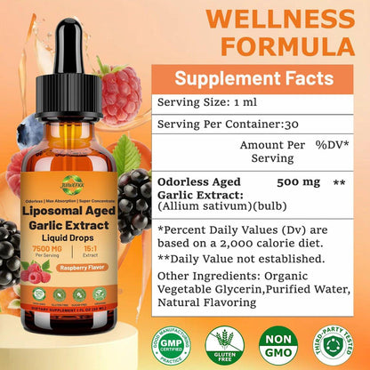 JUIWEFKK Aged Garlic Extract Liquid Drop – 500 mg per Serving, 15:1 Extract, Odorless, Liposomal Technology for Fast Absorption – Heart & Immune Support Supplement for Men & Women, Raspberry Flavor