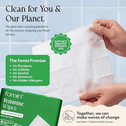 FOMIN Feminine Wipes for Women - 9 Pack (72 Wipes) - pH Balanced Aloe Vera Intimate Cleansing Wipes - Wipes for Sensitive Skin - Individual Packets - Travel Essentials & Gifts for Women & Teen Girls