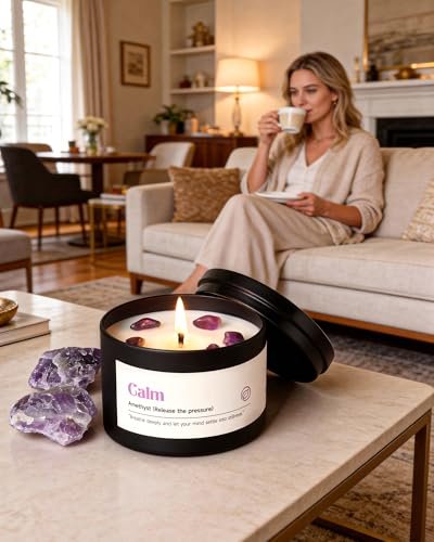 AOOVOO Crystal Soothing Candles Set for Women - 4 Pack 26 oz Soy Wax Candle for Home Scented, 200 Hour Long Lasting Candle, Calm Amethyst/Serenity Clear Quartz/Harmony Rose Quartz/Balance Lapis Lazuli - görsel 4