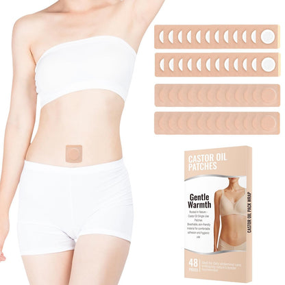 48Pcs Castor Oil Patches, Organic Cotton Castor Oil Pack Wrap, Breathable & Self-Adhesive Pads for Belly Button Patch Portable, Anti Leakage No Wash, Beige