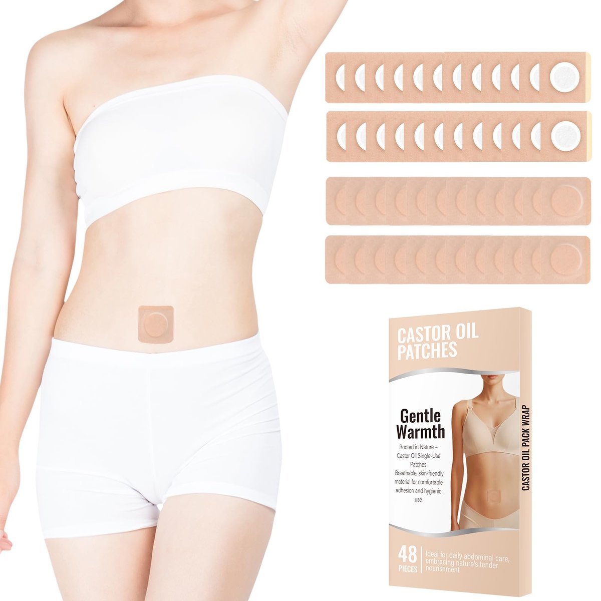 48Pcs Castor Oil Patches, Organic Cotton Castor Oil Pack Wrap, Breathable & Self-Adhesive Pads for Belly Button Patch Portable, Anti Leakage No Wash, Beige - görsel 1