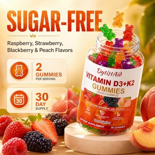 Vitamin D3 + K2 Gummies 2000 IU with Calcium + K2 (MK-7), Magnesium Citrate, Vitamin C, Zinc & Boron – Bone, Heart & Immune Support – Vegan, Non-GMO, Gelatin-Free, Sugar-Free Supplement, 60 Gummies - görsel 2