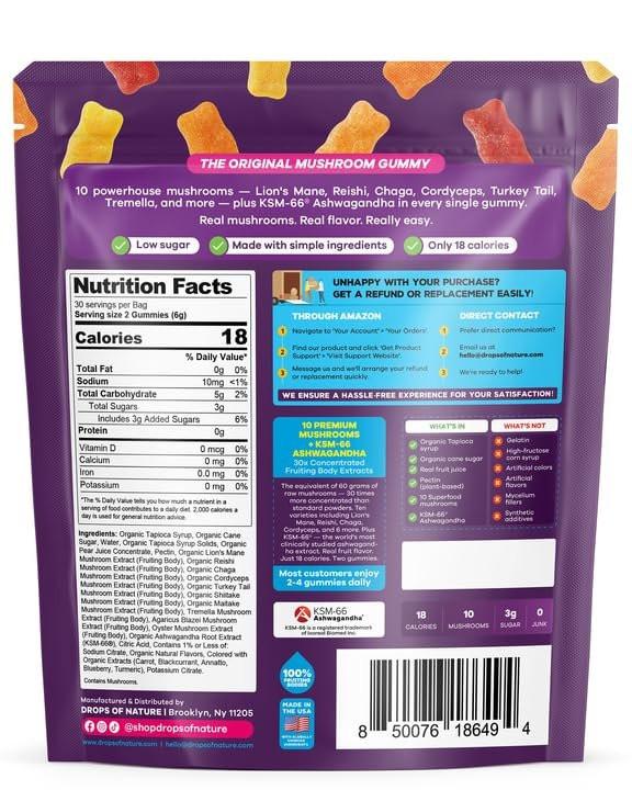 Drops Of Nature Mushroom Gummies 10-in-1 with KSM-66 Ashwagandha – Lions Mane Turkey Tail Cordyceps Shiitake Tremella Oyster Agaricus – Vegan Functional Superfood Gummies (Mixed Fruits, 70 Gummies) - görsel 1