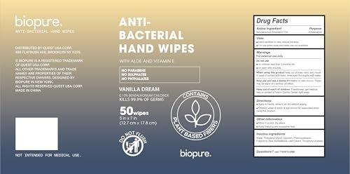 BIOPURE Antibacterial Hand Wipes Vanilla Dream Scented | Antibacterial Wipes with Aloe and Vitamin E | 5"x7" Wet Wipes Canister | No Parabens, Sulfates or Phthalates, Kills 99% of Germs, 50 Ct - görsel 4