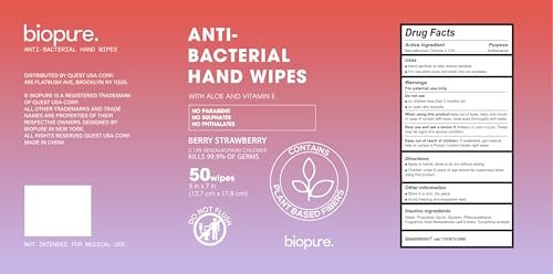 BIOPURE Antibacterial Hand Wipes Sweet Strawberry Scented | Antibacterial Wipes with Aloe and Vitamin E | 5"x7" Wet Wipes Canister | No Parabens, Sulfates or Phthalates, Kills 99% of Germs, 50 Ct - görsel 2