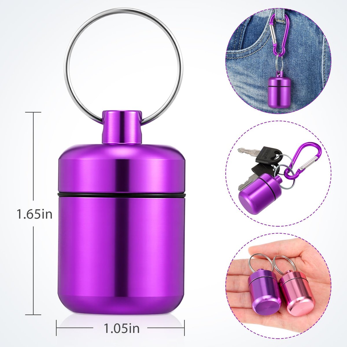 Hicarer 4 Pack Ear Plug Carrying Case, Waterproof Metal Ear Plug Holder with Keychain, Portable Small Pill Case Container for Earplugs, Jewelry, Pill Organizer for Travel or Sports (Pink, Purple) - görsel 7