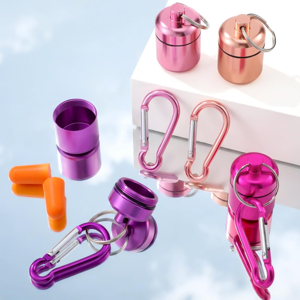 Hicarer 4 Pack Ear Plug Carrying Case, Waterproof Metal Ear Plug Holder with Keychain, Portable Small Pill Case Container for Earplugs, Jewelry, Pill Organizer for Travel or Sports (Pink, Purple) - görsel 13