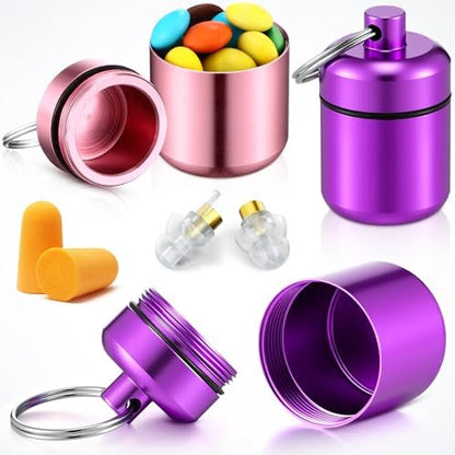 Hicarer 4 Pack Ear Plug Carrying Case, Waterproof Metal Ear Plug Holder with Keychain, Portable Small Pill Case Container for Earplugs, Jewelry, Pill Organizer for Travel or Sports (Pink, Purple)