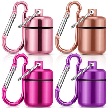Hicarer 4 Pack Ear Plug Carrying Case, Waterproof Metal Ear Plug Holder with Keychain, Portable Small Pill Case Container for Earplugs, Jewelry, Pill Organizer for Travel or Sports (Pink, Purple)
