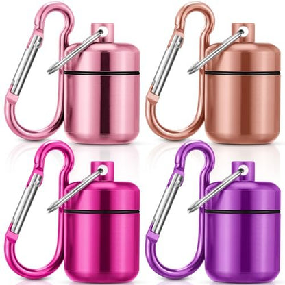 Hicarer 4 Pack Ear Plug Carrying Case, Waterproof Metal Ear Plug Holder with Keychain, Portable Small Pill Case Container for Earplugs, Jewelry, Pill Organizer for Travel or Sports (Pink, Purple)