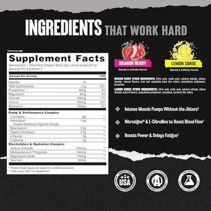 Animal Pump NS Stim-Free Pre Workout Powder - Caffeine-Free Preworkout for Energy, Focus and Muscle Builder, Beta Alanine, Citrulline, Nitrosigine, Dragon Berry (3) and Lemon Surge (2), 5 Stick Packs