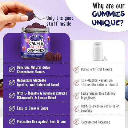 OH MY CHEWY Magnesium Glycinate Gummies for Kids & Teens - Sleep & Chillax Sugar-Free and Melatonin-Free Magnesium Supplement with Chamomile, L-Theanine and Lemon Balm - 60 Count