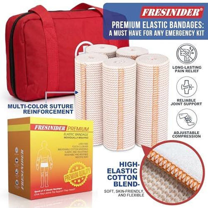 FRESINIDER Premium Elastic Bandage Wrap, 6 Pack 5" Cotton Compression Wrap with Hook & Loop Closure at Both Ends, Knee, Shoulder & Leg Support, 5 ft Long (Stretches up to 15 ft), Sports & First Aid