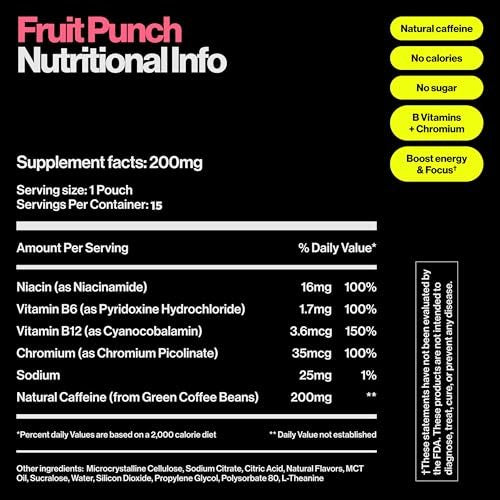 Wip Energy Pouches, Sugar Free Blend with 200 MG Natural Caffeine, B Vitamins, Minerals & L Theanine for Energy Support, Pre Workout for Active Lifestyles, Fruit Punch, 3 Cans, 15 Pouches per can - görsel 6