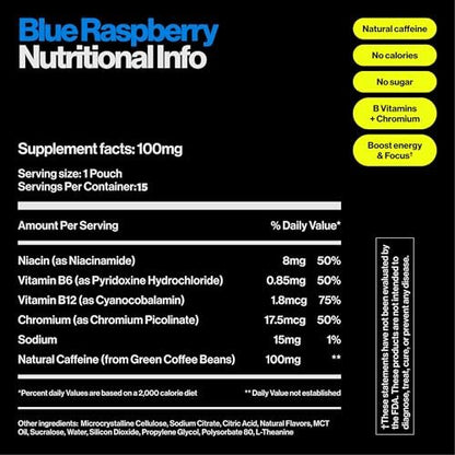 Wip Energy Pouches, Sugar Free Blend with 100 MG Natural Caffeine, B Vitamins, Minerals & L Theanine for Energy Support, Pre Workout for Active Lifestyles, Blue Raspberry, 3 Cans, 15 Pouches per can