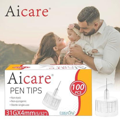 Aicare Pen Tips 31G x 4mm, Universal Fit, 100/bx, Comfortable, Extra-Thin - White