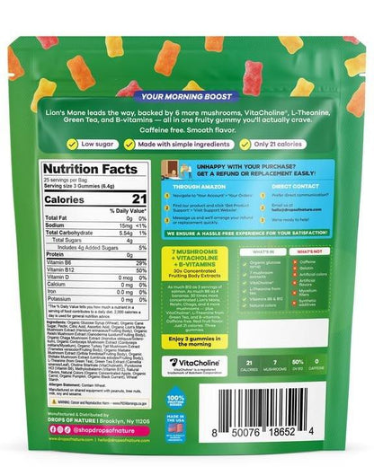 Drops Of Nature Mushroom Focus Gummies – Lions Mane Turkey Tail L-Theanine Choline Green Tea Extract – Vegan Mushroom Superfood Blend – with B-Vitamins B6 and B12 (Mixed Fruits, 75 Gummies)