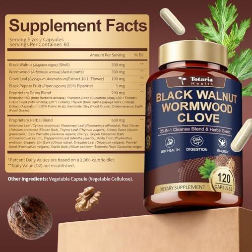Totaria 120 Counts 25-in-1 Wormwood Black Walnut Clove Cleanse for Humans Capsules - Gut Cleanse & Digestive & Liver Health with Clove Pumpkin Seed Oil Garlic Oregano - Herbal Vegan Capsules - görsel 5