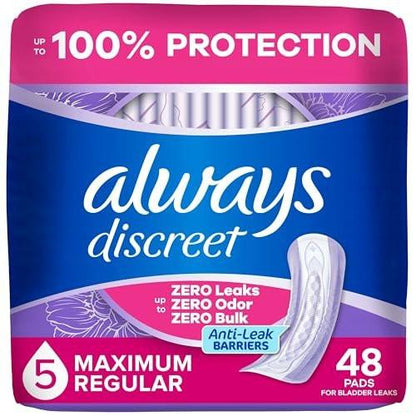 Always Discreet Adult Incontinence Pads for Women, Maximum Absorbency, Regular Length, Postpartum Pads, Up to 100% Bladder Leak Protection, 48 Count