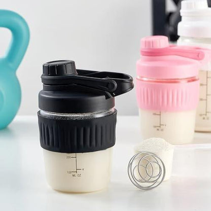 12oz Glass Shaker Bottle for Protein, Small Borosilicate Glass Protein Powder Leak-Proof Shaker Cup Mixes with 304 Blending Ball (12oz, Black)