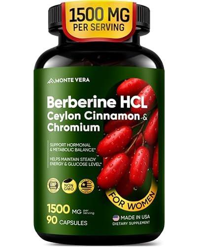 MONTE VERA Berberine Supplement HCL 1500mg with Ceylon Cinnamon & Chromium – Highly Absorbable Formula for Hormonal & Metabolic Health, Steady Energy – Non-GMO (90 Capsules)
