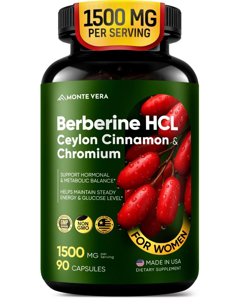 MONTE VERA Berberine Supplement HCL 1500mg with Ceylon Cinnamon & Chromium – Highly Absorbable Formula for Hormonal & Metabolic Health, Steady Energy – Non-GMO (90 Capsules) - görsel 1