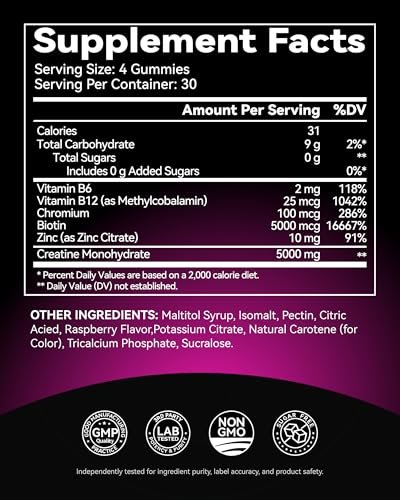 Inner Brightness Creatine Monohydrate Gummies for Women 5000mg - 6-in-1 with Biotin, Zinc, B6, B12 - Sugar-Free Raspberry Creatine Chewables for Muscle, Energy & Skin - 120 Count - görsel 8