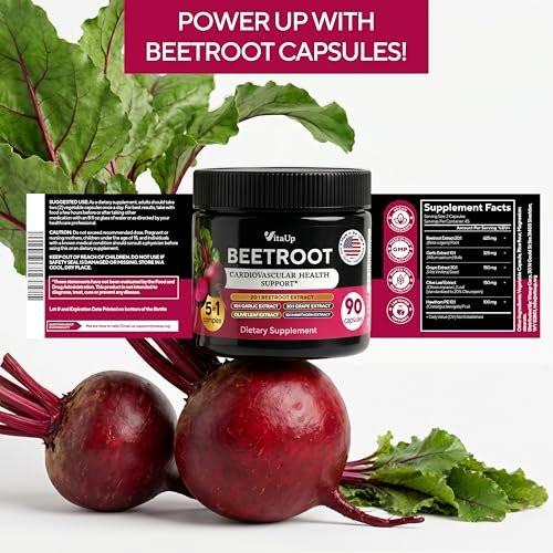 VitaUp Beet Root Capsules - USA Made Beetroot Supplement for Normal Circulation, Nitric Oxide & Heart Support - 5-in-1 Beets with Grape Seed, Garlic Extract, Hawthorn Berry, Olive Leaf - 90 Vegan Caps