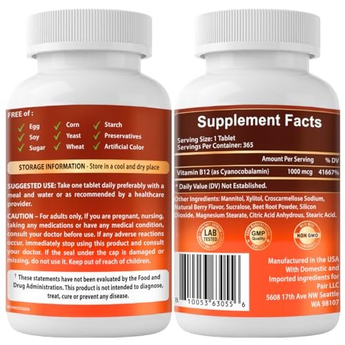 VITBOOST Vitamin B12 1000 mcg Chewable Tablets - 365 Count Natural Berry Flavor B-12 Vitamin for Energy & Nervous System Support - Non-GMO Tablets - Made in USA - görsel 1