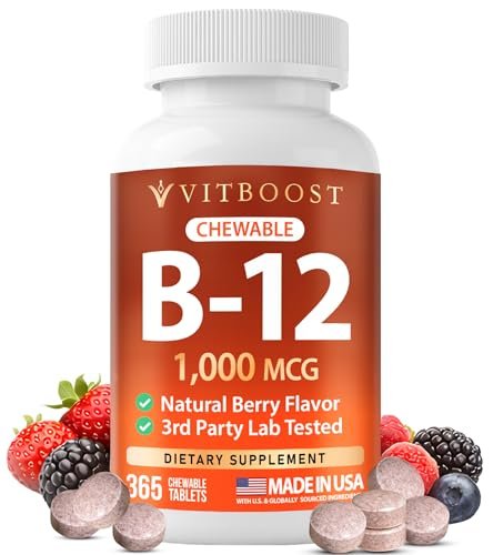 VITBOOST Vitamin B12 1000 mcg Chewable Tablets - 365 Count Natural Berry Flavor B-12 Vitamin for Energy & Nervous System Support - Non-GMO Tablets - Made in USA - görsel 8