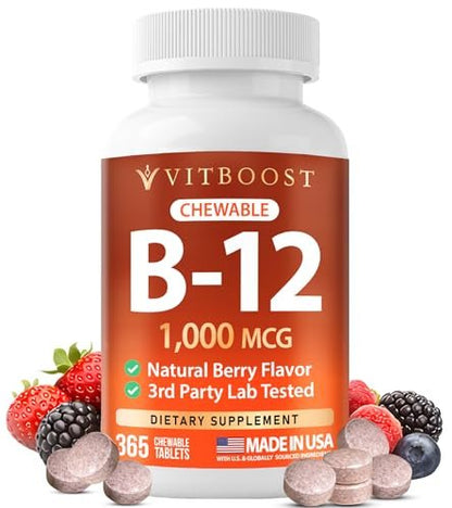 VITBOOST Vitamin B12 1000 mcg Chewable Tablets - 365 Count Natural Berry Flavor B-12 Vitamin for Energy & Nervous System Support - Non-GMO Tablets - Made in USA