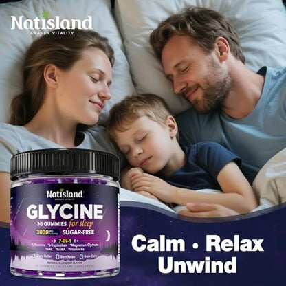 Glycine Gummies for Sleep, Glycine 3g Supplements with NAC, Magnesium Glycinate, L-Theanine, GABA, L Tryptophan, B6 for Relax, Nerve & Brain, Melatonin Free, Sugar Free, Vegan, Blueberry Flavor, 60 Ct