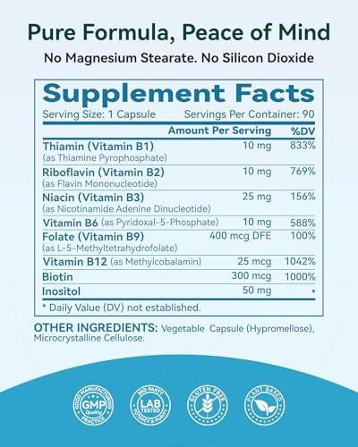 Inner Brightness Vitamin B Complex - Fully Methylated Active B12, B6, Folate - for Energy, Focus, Mood & Nerve Health - Non-GMO Vegan Gluten-Free with B1, B2, B3, B5, B7-90 Capsules for 3 Months - görsel 1