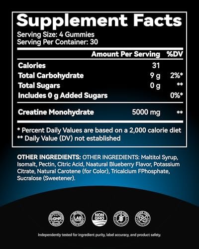 Creatine Gummies for Women & Men - 5000mg Pure Creatine Monohydrate Chewables - Sugar Free Pre Workout Gummies for Muscle Growth & Recovery - Vegan, Blueberry, 120 Count (30 Servings)