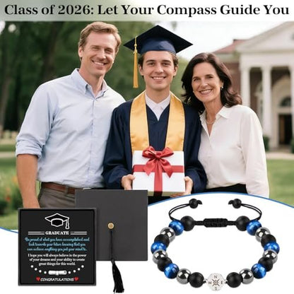 2026 Graduation Gifts with Cap Box, Class of 2026 Graduation Decorations, Adjustable Natural Stone Bracelet for Senior High School College Graduate, Inspirational Gift for Boy Son Friends Classmates