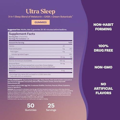 Natrol Ultra Sleep 3-in-1 100% Drug-Free Sleep Aid Blend with Melatonin, GABA & Botanicals, Dietary Supplement, Non-Habit Forming, 50 Gummies