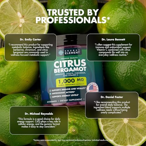 Citrus Bergamot 1000MG Gummies for Women and Men, Citrus Bergamot Extract with Berberine, CoQ10, Chromium & Vitamin C, Metabolic & Antioxidant Support, Sugar Free, Vegan, Lime Flavor, 60 Gummies - görsel 4