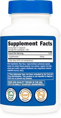 Nutricost L-Ergothioneine Supplement 30mg Per Serving, 120 Capsules for 120 Servings Per Bottle - Mushroom Derived Amino Acid, Vegan, GMO-Free, Gluten-Free - görsel 7
