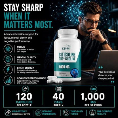 Leaping Lynx Citicoline 1000 mg (CDP Choline) Capsules – 120 Count – CDP Choline Supplement for Brain, Focus & Memory Support – Nootropic Choline Supplement – Non-GMO, ISO-Certified
